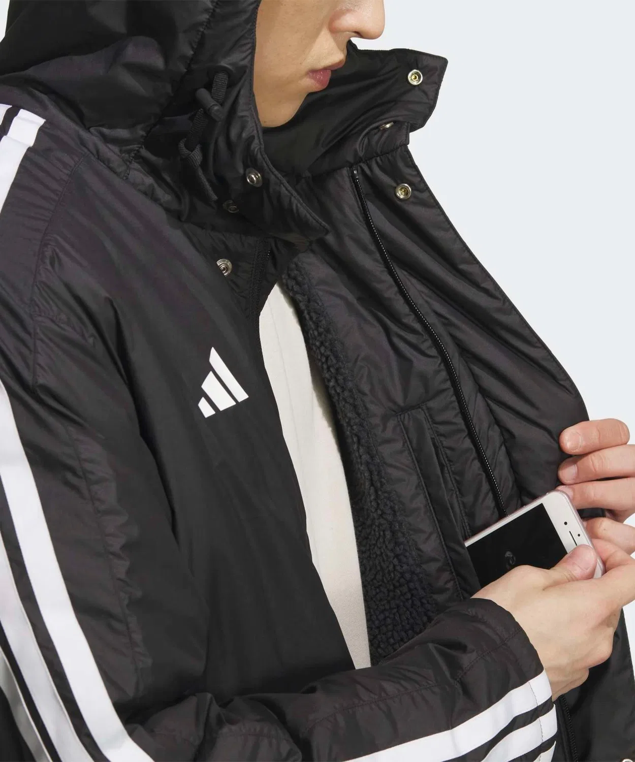 Мужское пальто с капюшоном Three Stripes Loose Fit Long Puffer Coat Adidas, Black — фото 4