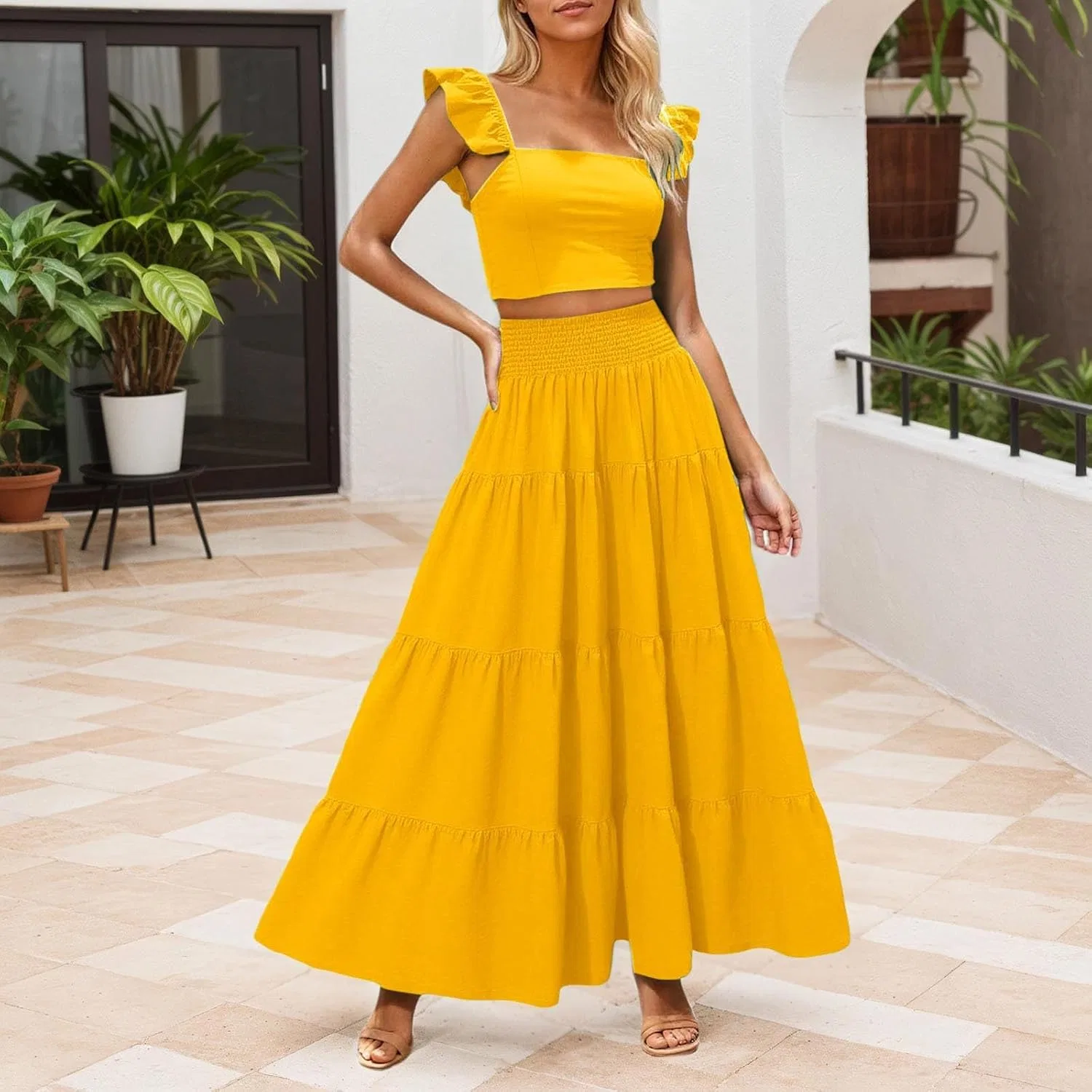 Женское пляжное платье-макси свободного кроя Two Piece Dress Set, Yellow — фото 3