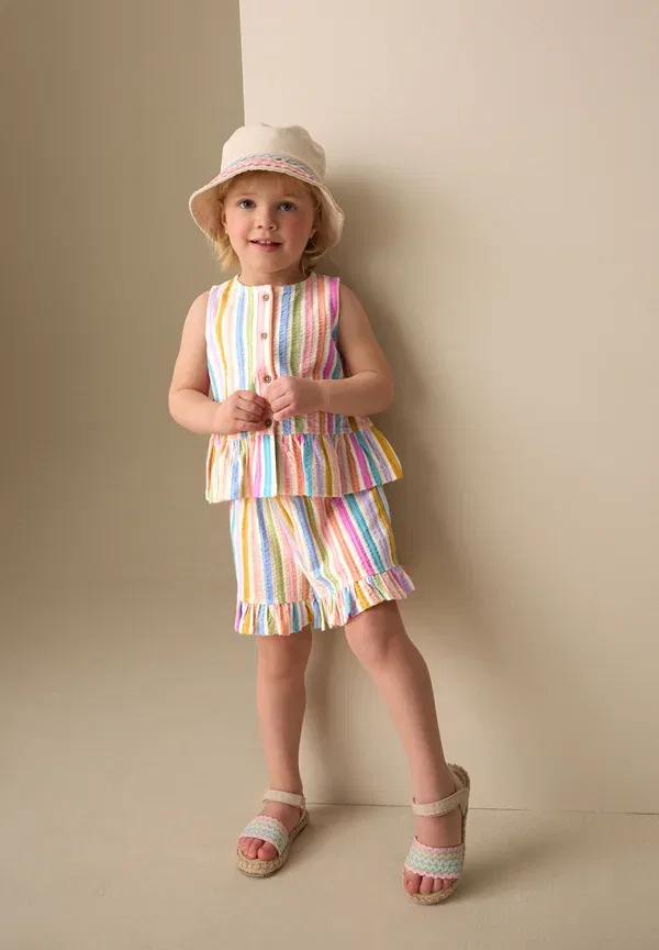 Комплект блуза и брюки с полоской, Regular fit - peplum set - blouse, Next, Розовый, Синий, Радуга, Полоска