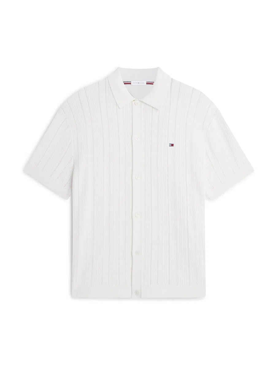 Вязаный кардиган TOMMY HILFIGER 'Relaxed Pointelle Short Sleeve With' белого цвета