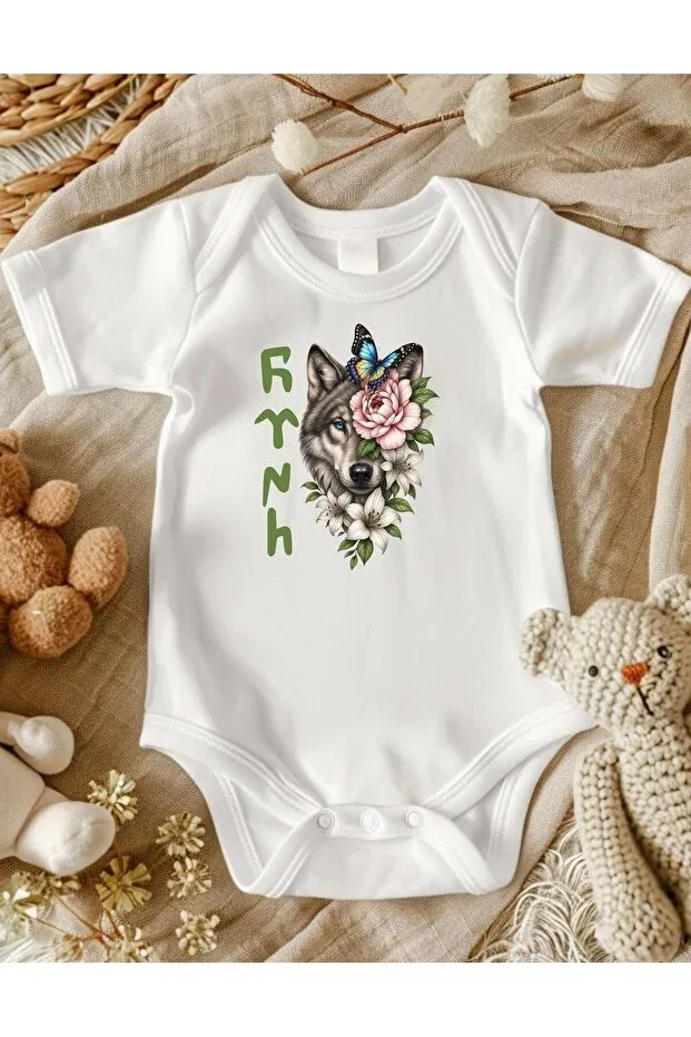 Детское боди с принтом Wolf-Themed Turkish Printed Lupi, Pomegranate Flower Bud