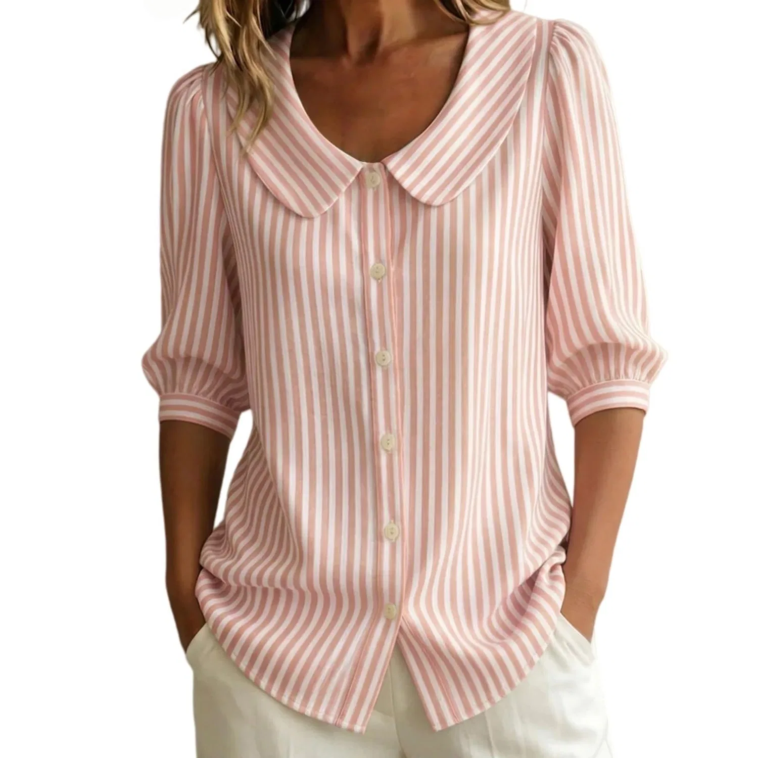 Женская блуза с коротким рукавом, Striped - Pink