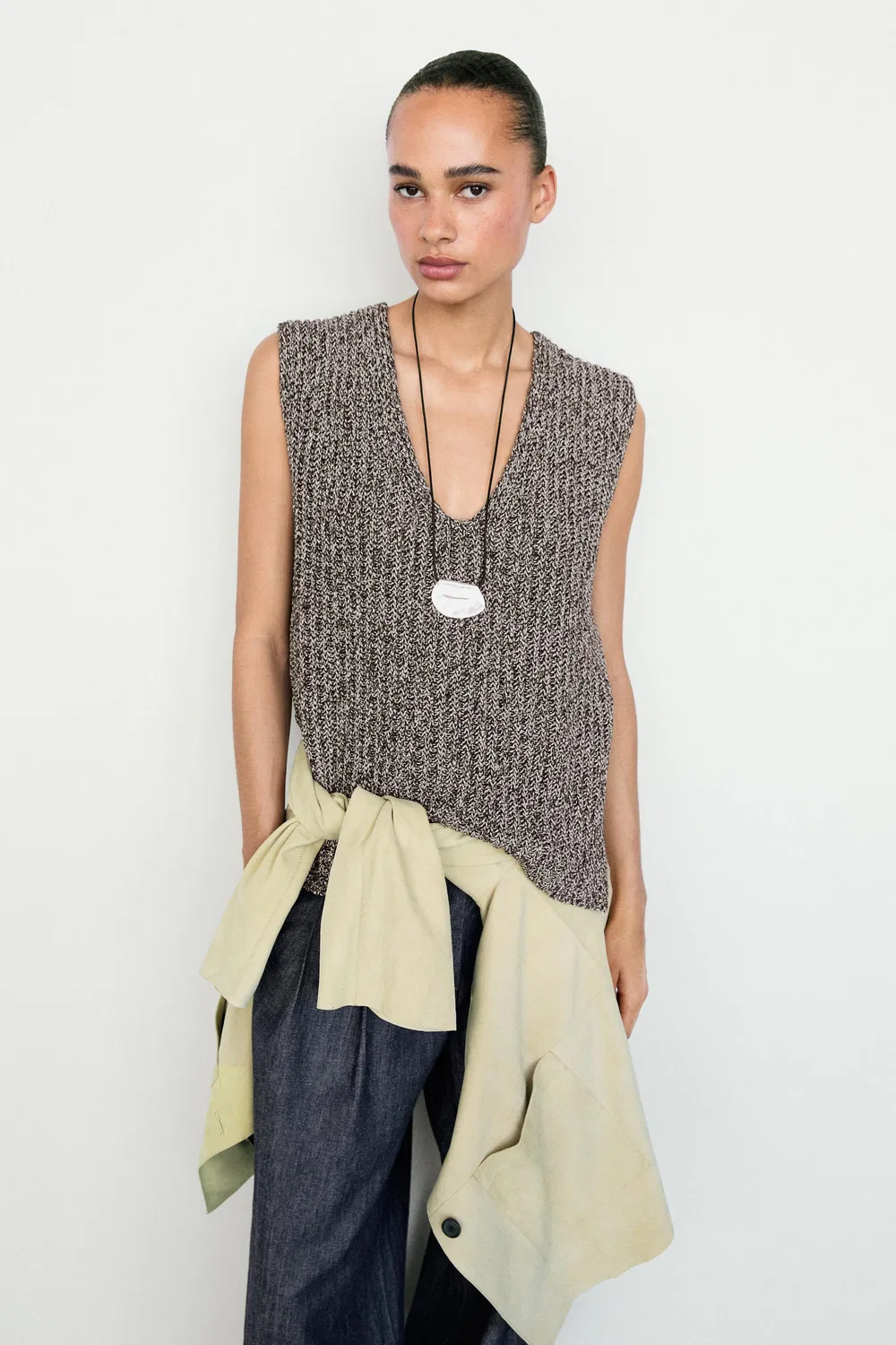 Топ Massimo Dutti Cotton Blend Heathered Knit, антрацитово-серый