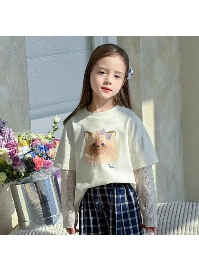 Лонгслив с кружевом с faux two-piece дизайном Tu Tu Xiao Xiang, бежевый — фото 2