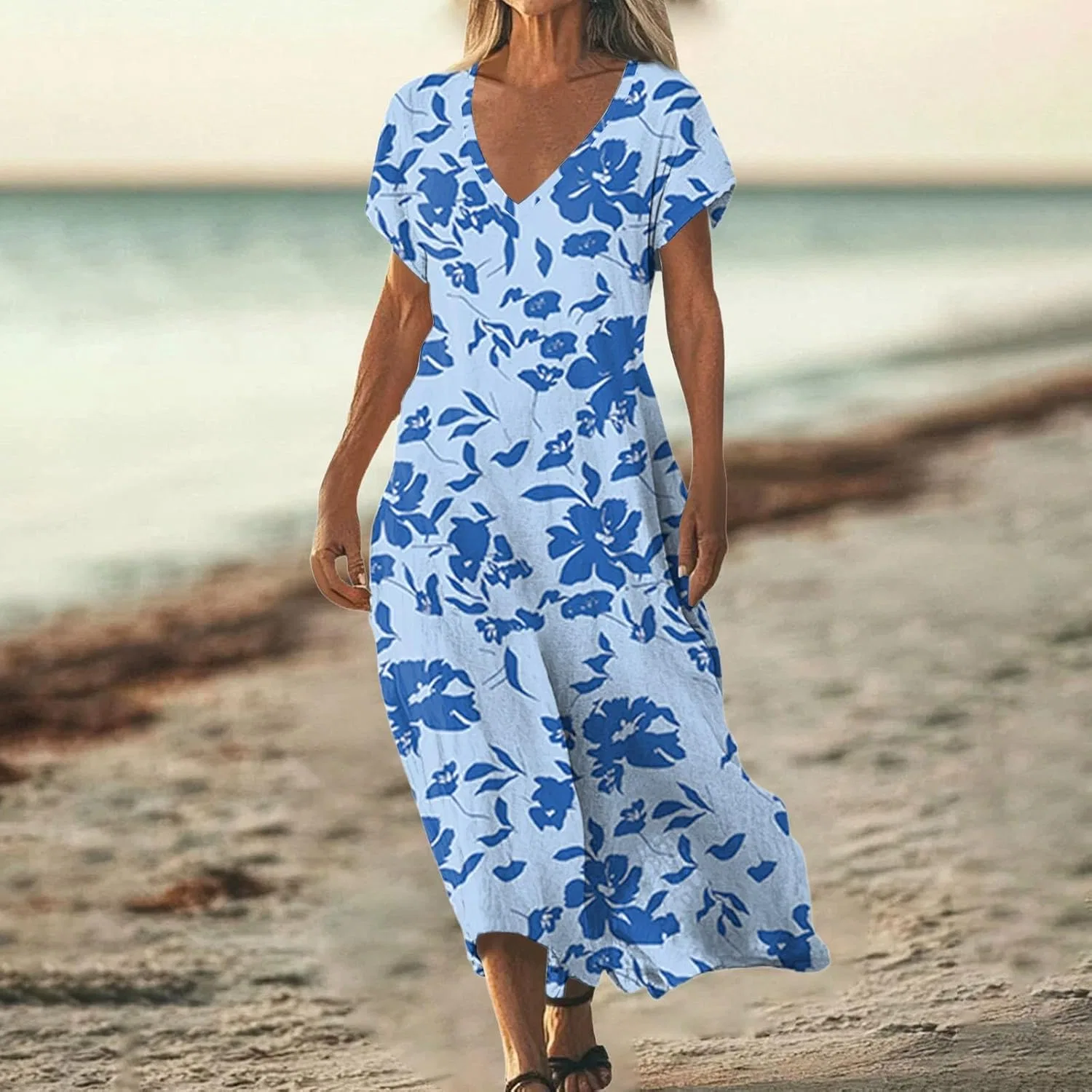 Женское макси-платье с V-образным вырезом из хлопкового льна, Flowy Summer, T42-sky Blue — фото 2