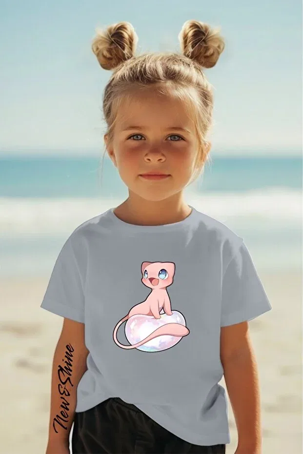 Детская футболка оверсайз с принтом Pink Pokemon Printed Oversize New Shine, Gray