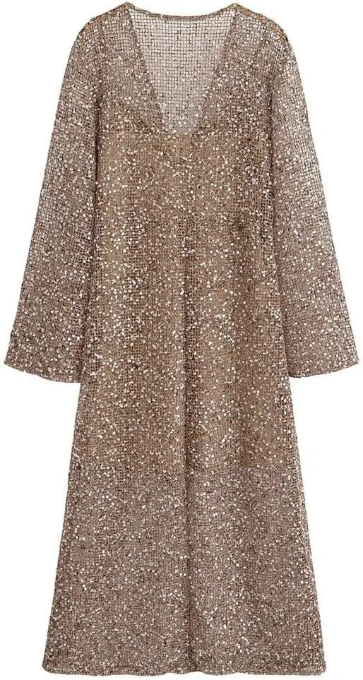 Женское платье миди с пайетками V-образным вырезом, Light Brown — фото 3
