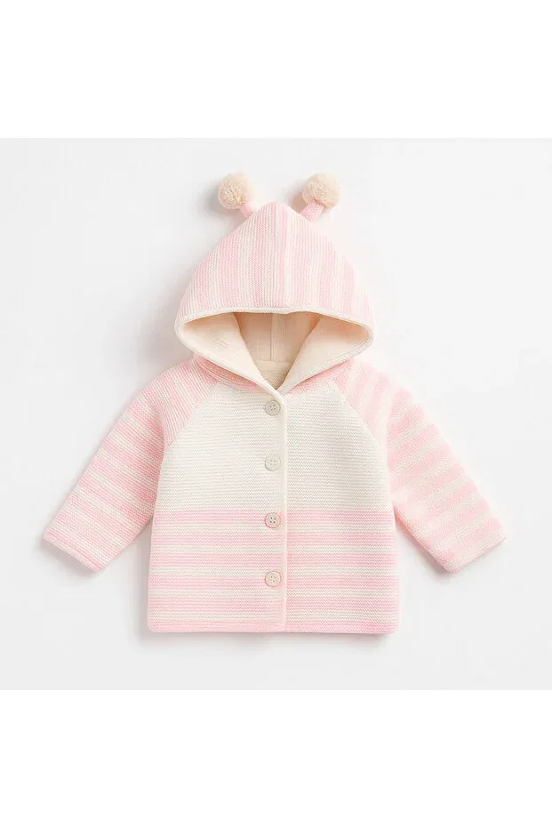 Детский кардиган с капюшоном Knitwear Hooded Double Layer Baby Girl - Boy Cardigan Coat Myzi Store, Beige-Pink Striped — фото 3