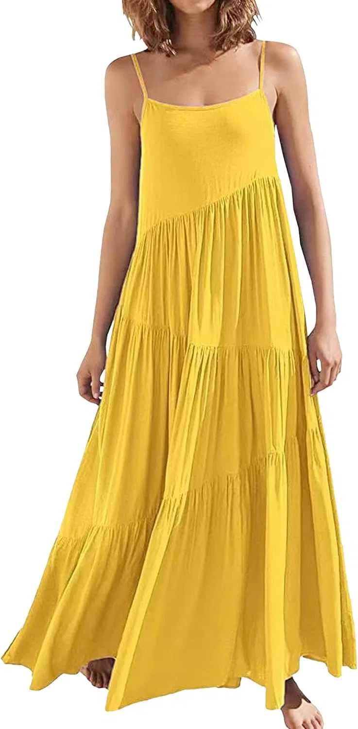 Женское свободное пляжное платье асимметричное с рюшами, Yellow