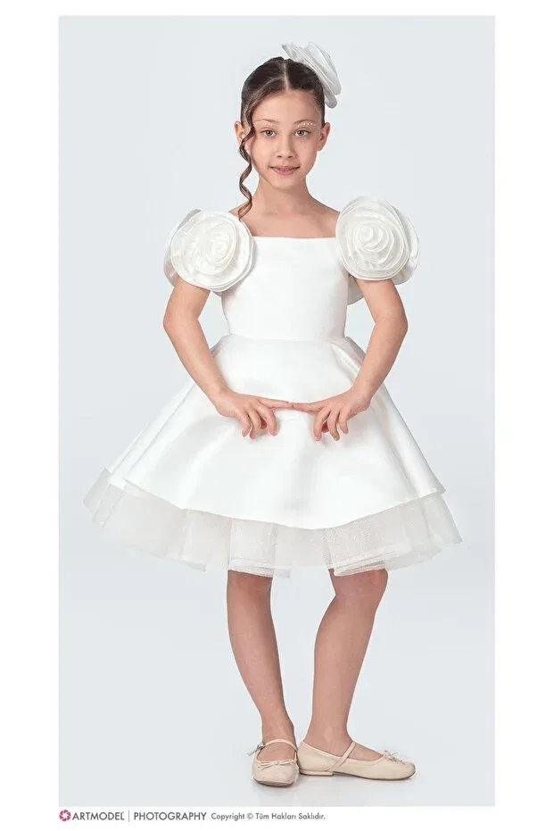 Детское платье для девочек с принтом White Dress With Roses On The Shoulders Zeya, Ecru