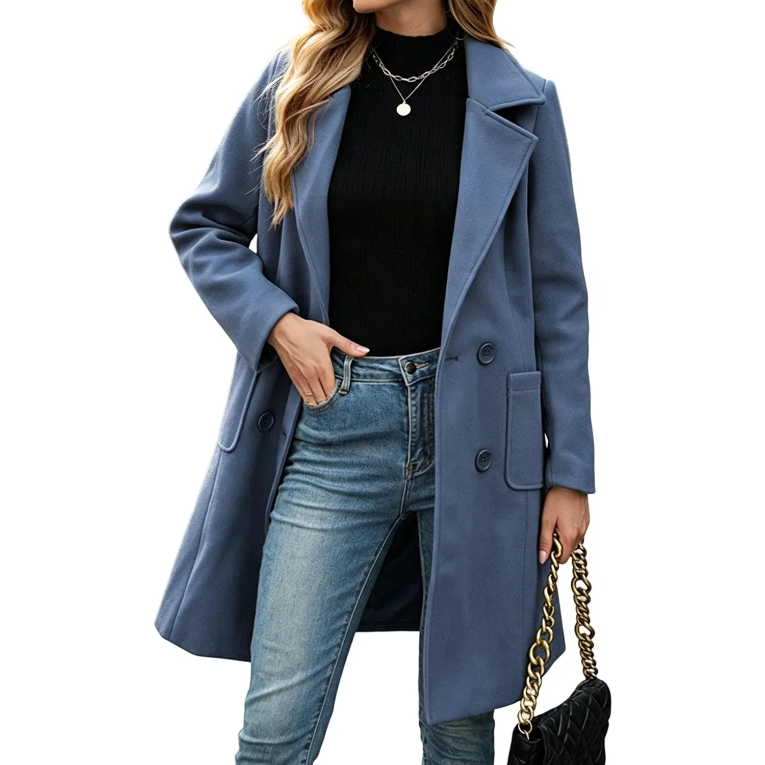 Женское двубортное пальто с лацканами Trench Peacoat Outwear, Blu