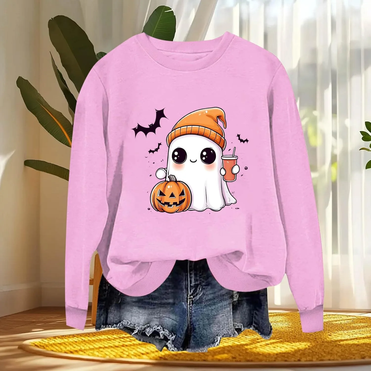 Свитшот Halloween для женщин с принтом призрака и тыквы — фото 3