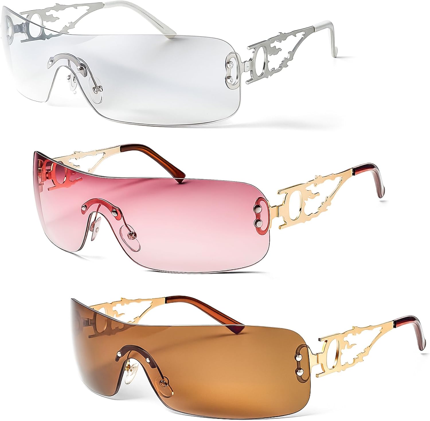 

3 шт. Солнцезащитные очки без оправы в стиле Y2K для женщин и мужчин, модные солнцезащитные очки-щитки с обтекаемой формой, без оправы, защита от УФ-излучения UV400 Ovveroche, Silver, Pink, Brown