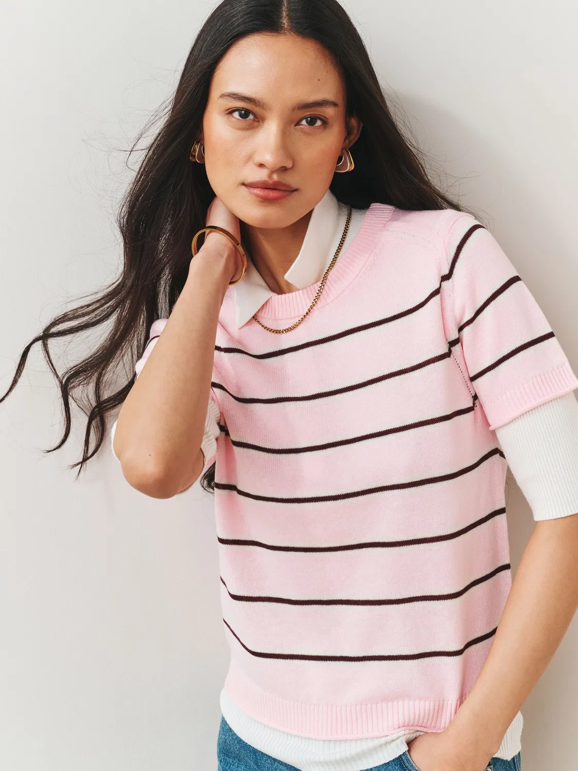 Футболка с круглым вырезом из льняной смеси, Light Pink Stripe Next