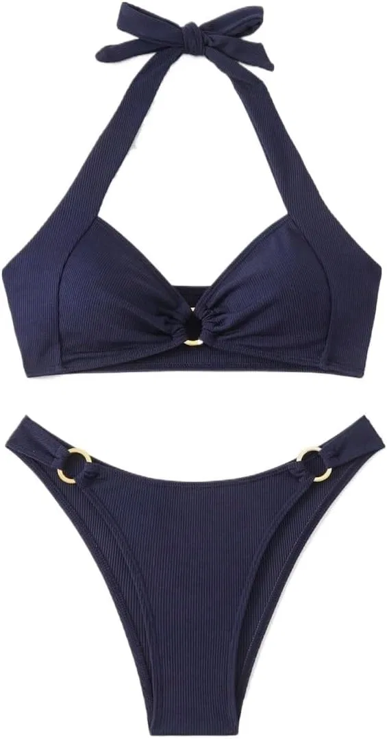 Женский бикини-сет с высокой талией Halterneck, Navy Blue