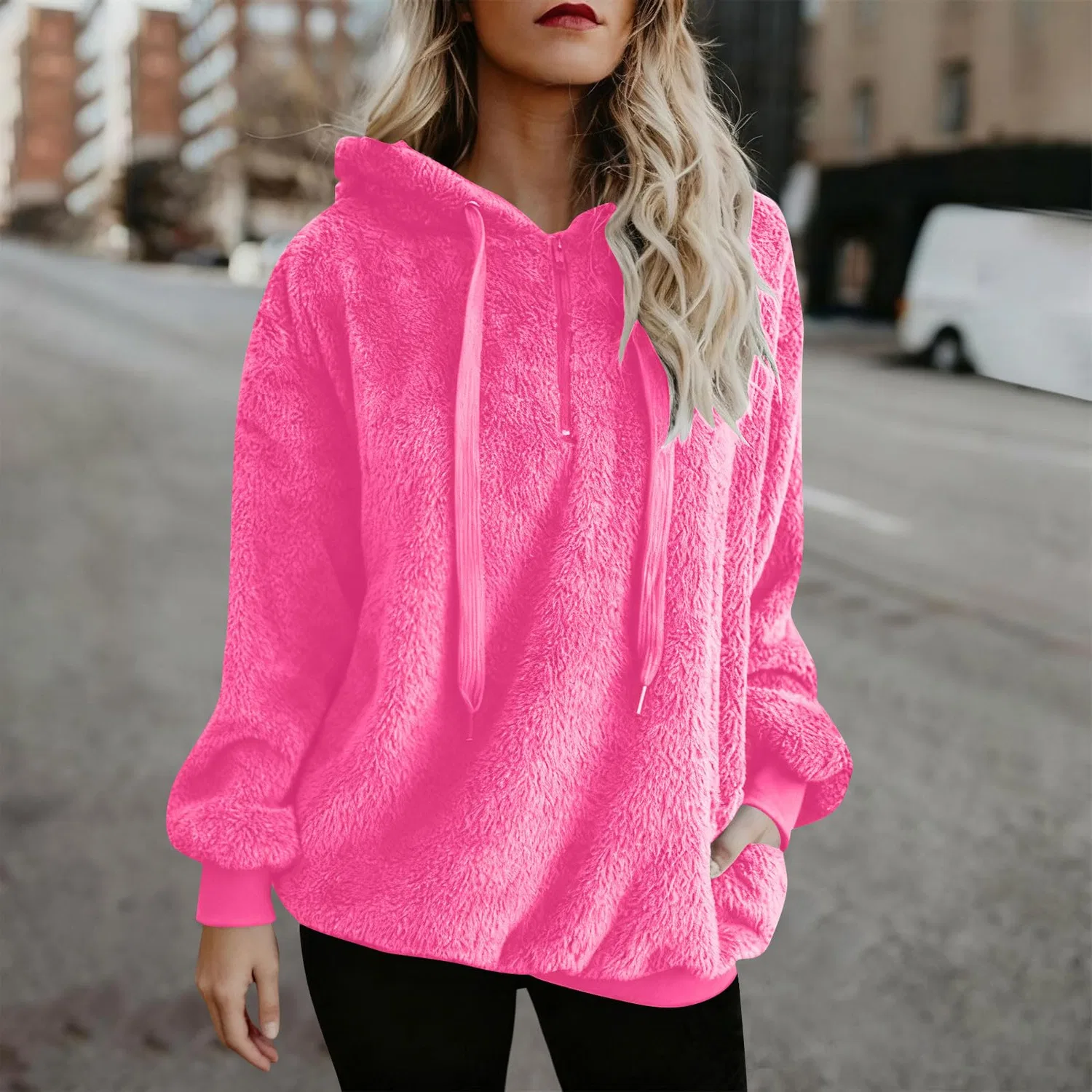 Женский утепленный флисовый худи с молнией 1/4, модель Furry Sherpa, бренд, pink — фото 3