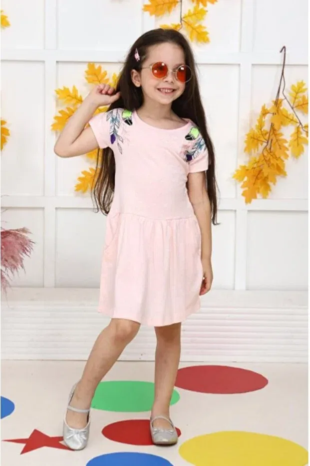 Детское платье для девочек с коротким рукавом Leaf Embroidered Shoulder Dress Cicitime, Powder Pink