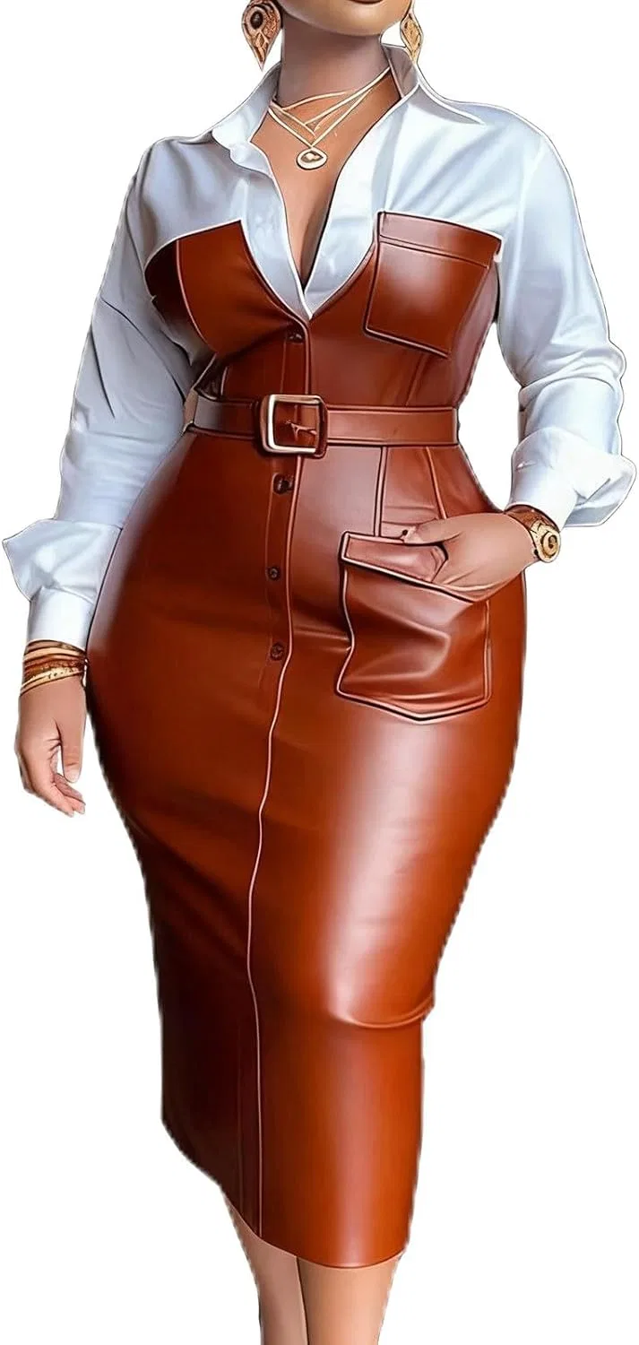 Женское платье миди с поясом из искусственной кожи, Brown