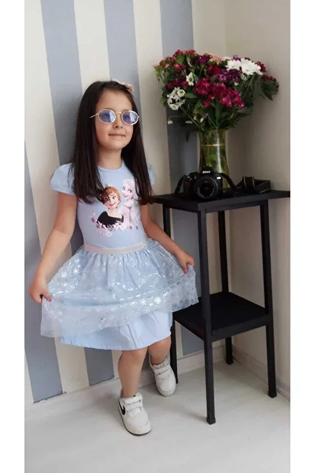 Детское платье для девочек с принтом Frozen Elsa Short Sleeve Dress Oliveyoumom, Blue