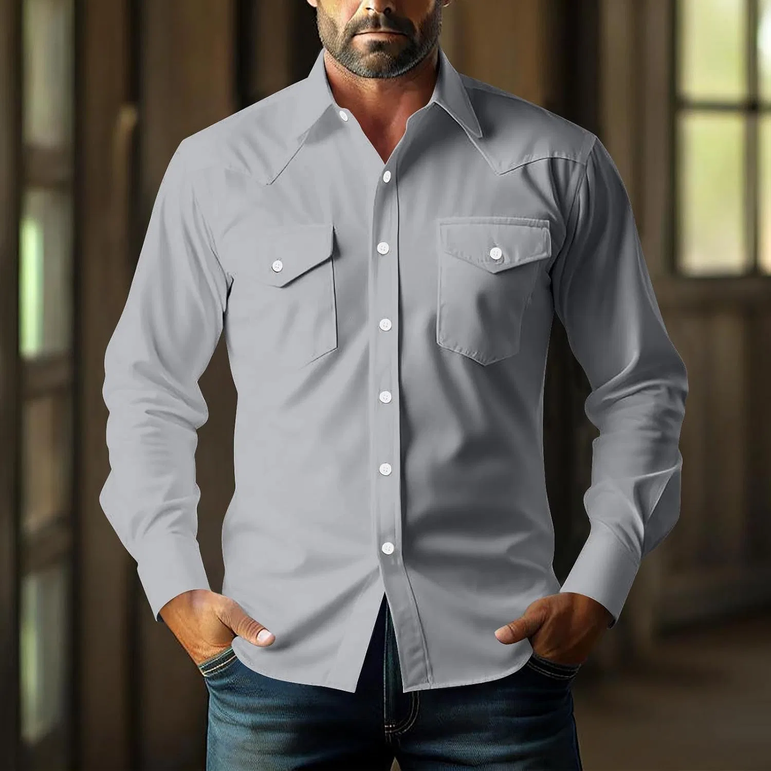 Мужская рубашка с длинным рукавом Western Cowboy Shirts, серый — фото 3