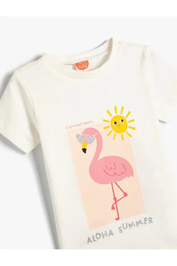 Детская футболка с принтом Flamingo Printed Koton, Ecru — фото 3