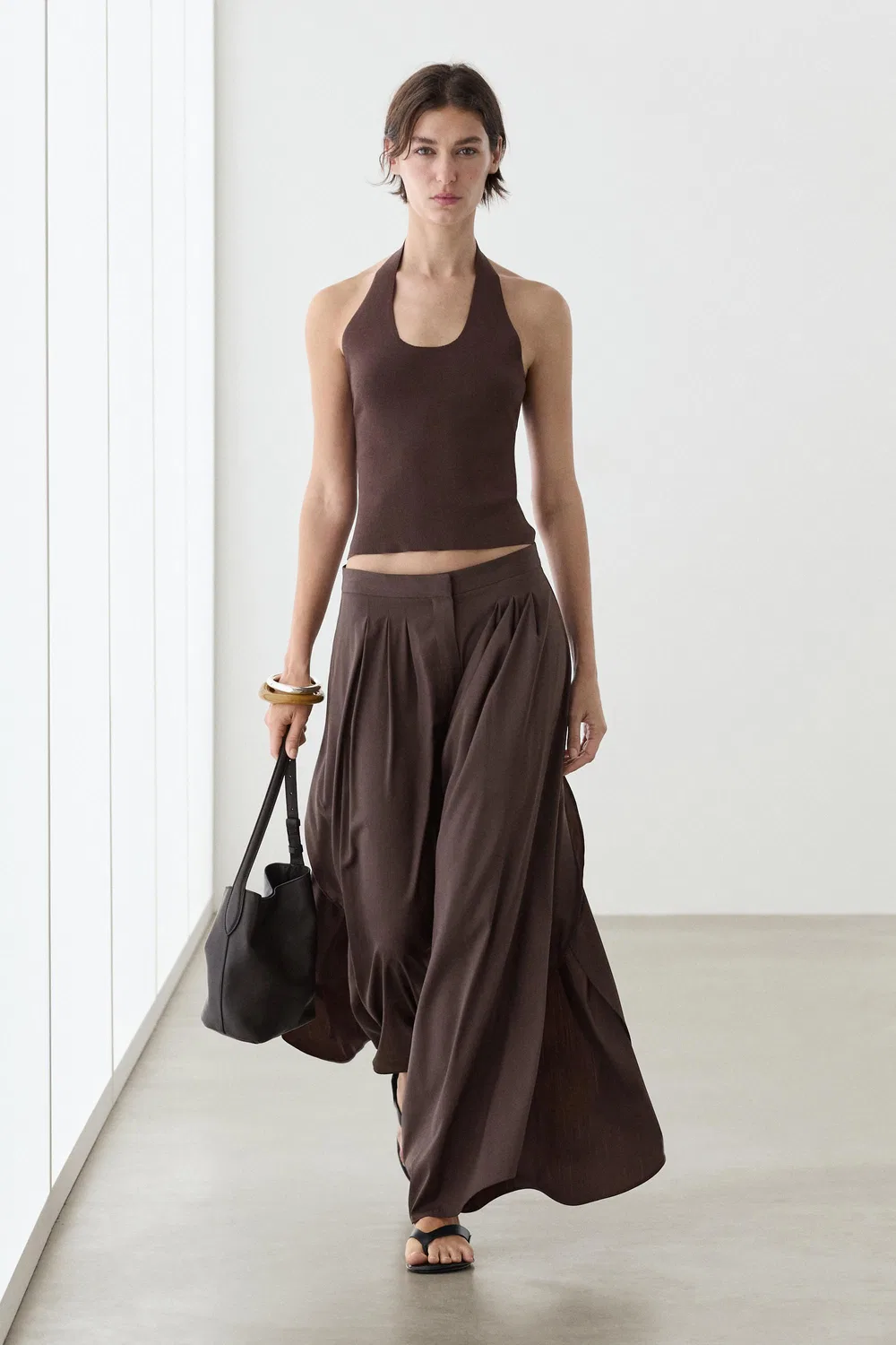 Топ Massimo Dutti, облегающий, с завязками на шее, коричневый