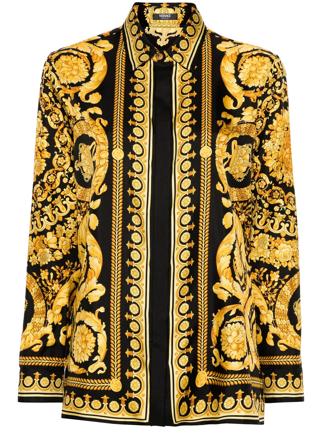 Шелковая рубашка с барочным принтом Versace, черный