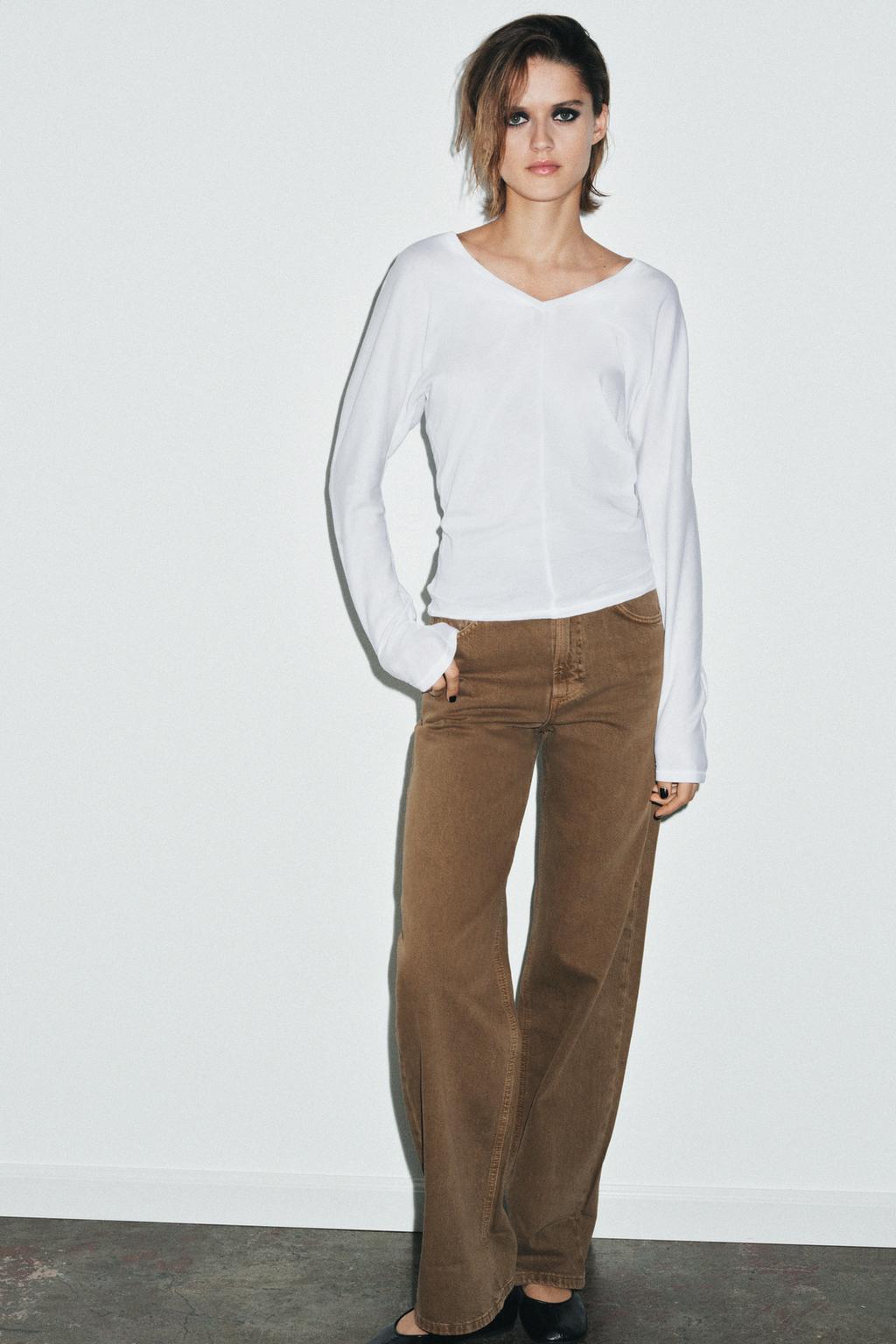 Футболка Zara Cotton V-neck, белый — фото 4