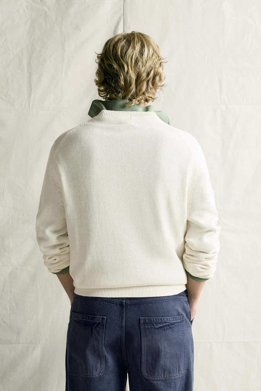 Джемпер из хлопка и льна, стандартного кроя. ZARA, Oyster-white — фото 3
