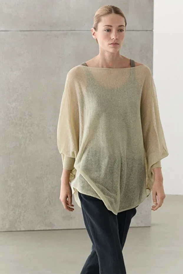 Женское платье с длинным рукавом Linen-Blend draped cape-cut knitwear Massimo Dutti, Sand — фото 2