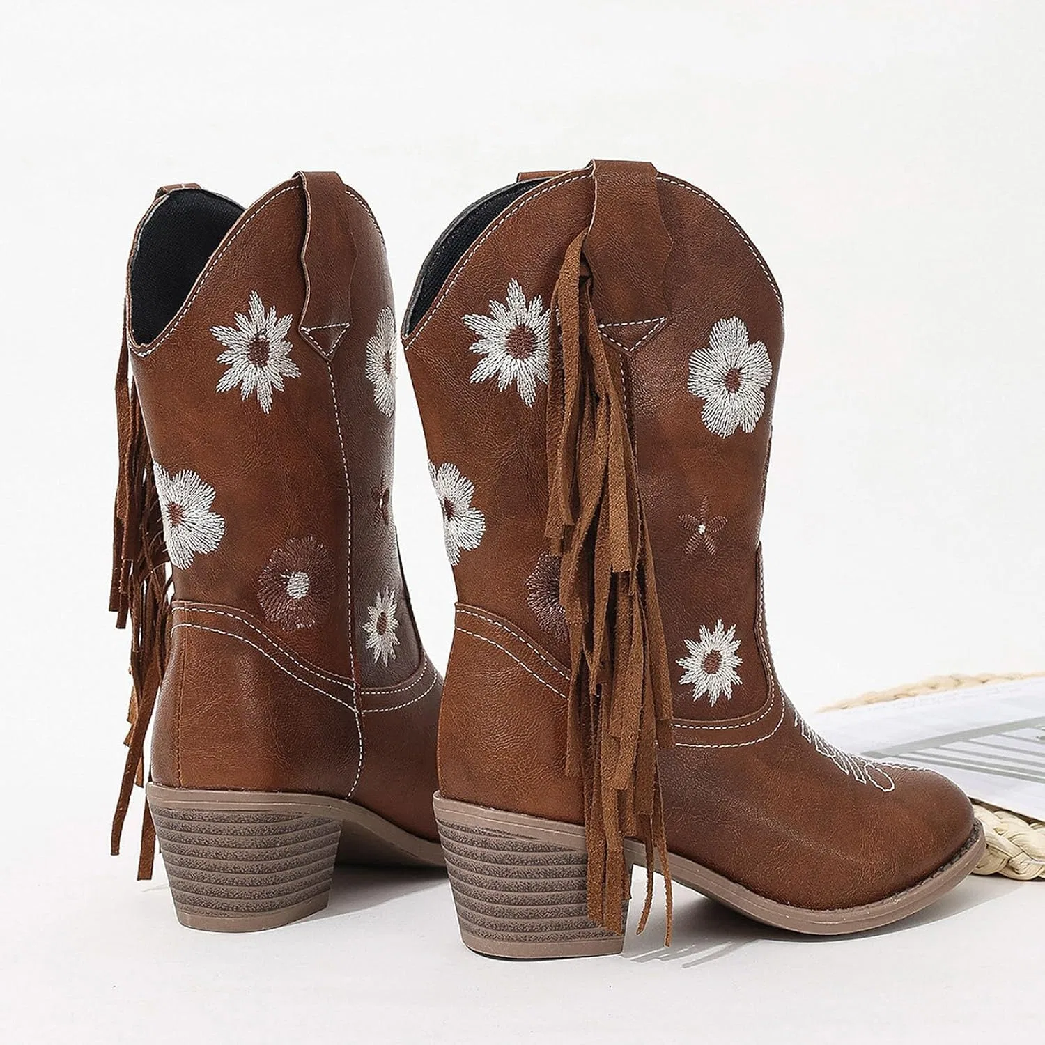 Детские сапоги для девочек с принтом и вышивкой Cowboy Western Boots, Brown — фото 4