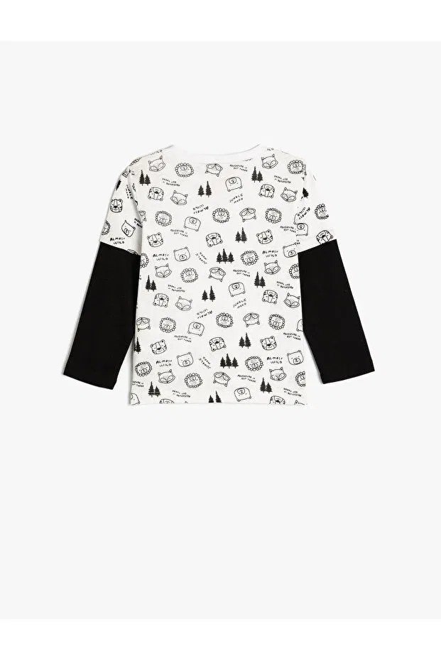 Детская футболка с принтом Long Sleeve Crew Neck Animals Printed Cotton Koton, Ecru Patterned — фото 2