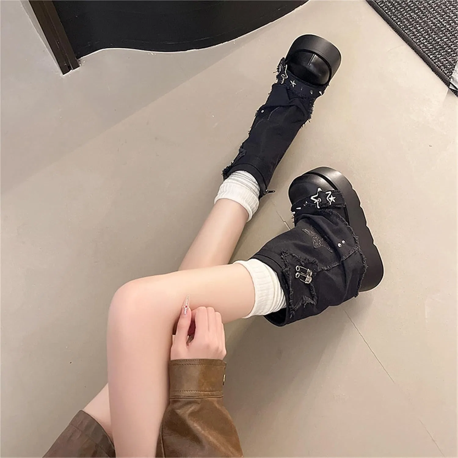 Детские ботинки для девочек на толстой подошве с принтом Y2k Spicy Girl Gothic Punk Retro Lolita Star Cowboy Pile, Black — фото 4