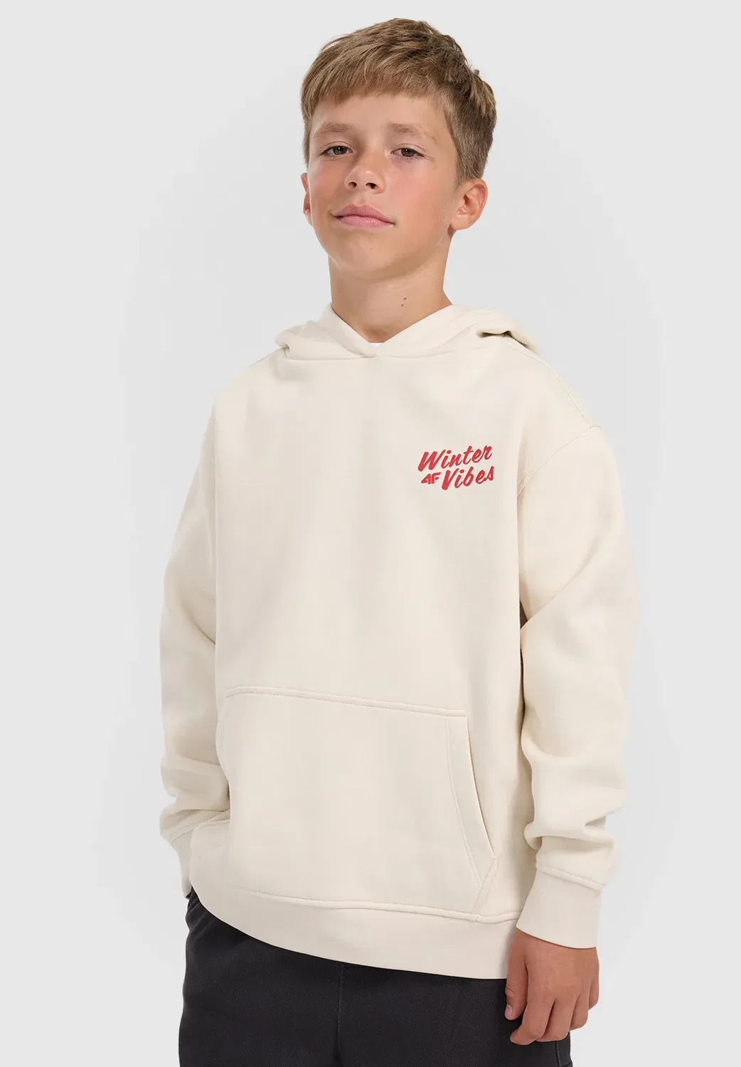 Bluza dresowa nierozpinana z kapturem chłopięca - толстовка с капюшоном 4F, Off White — фото 3