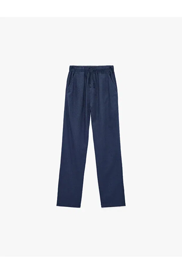 Детские брюки для девочек из льна с вискозой Linen and viscose blend basic trousers with tie waist Koton, Navy Blue — фото 2