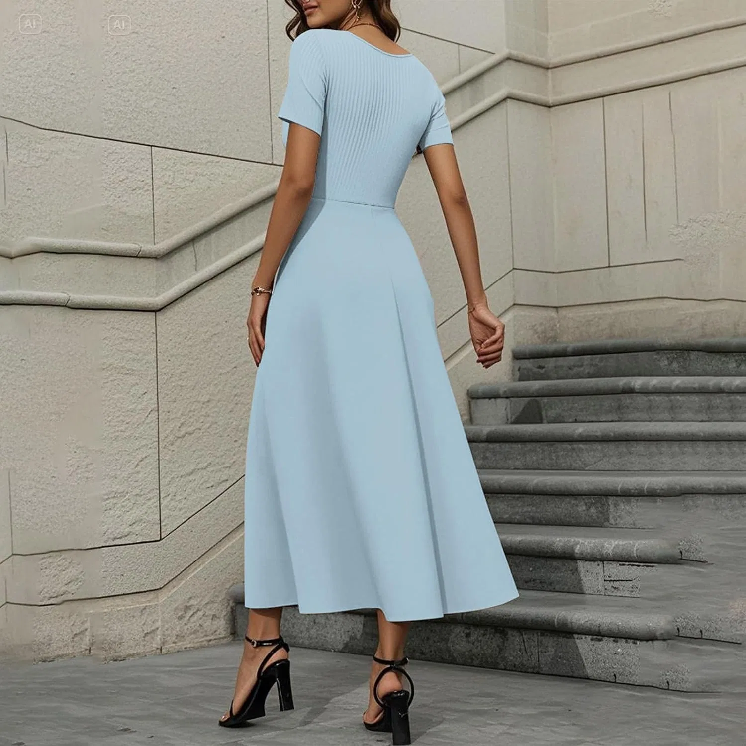 Женское короткое платье миди с высокой талией, Sky Blue — фото 3
