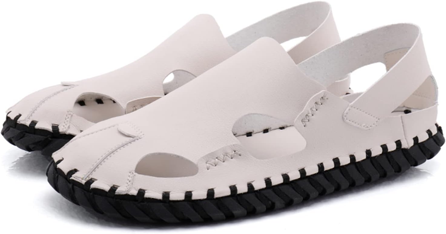 

Мужские сандалии ORNVEION с закрытым носком, ручная работа из кожи, мягкие легкие слипоны, плоские рыбацкие, нескользящие, для пляжа, прогулок и вождения, белый