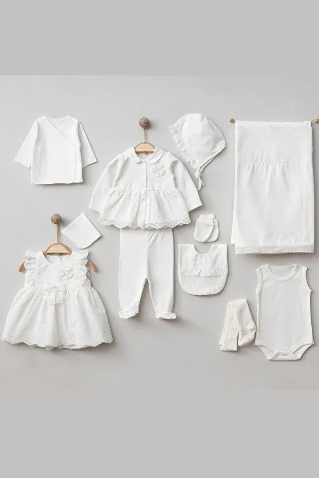 Детский комплект боди для выписки с жемчужной отделкой Pugi baby pearl detailed ultralük dress model Cherub Baby, Ecru