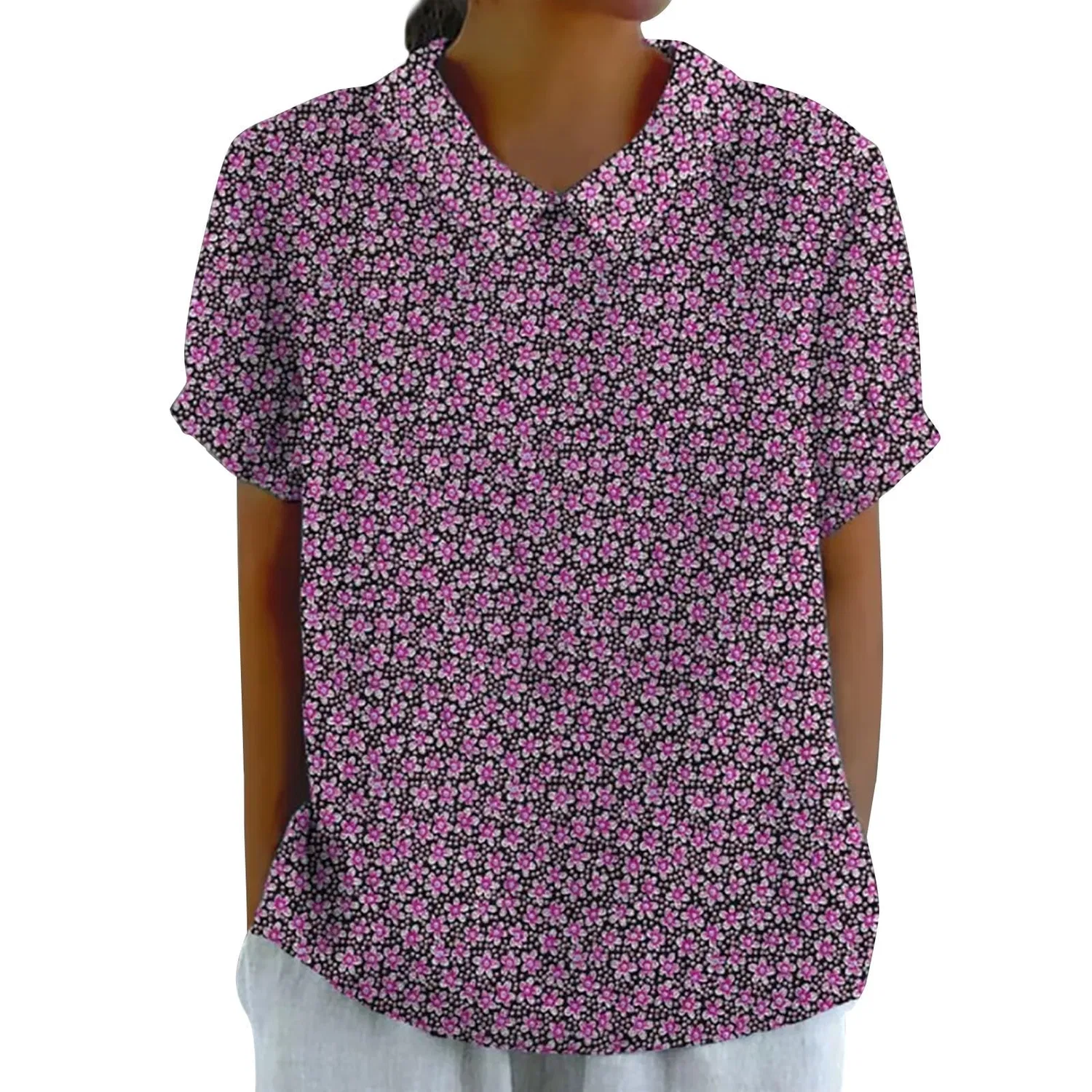 Женская льняная блузка с коротким рукавом V-образным вырезом, 05 Purple
