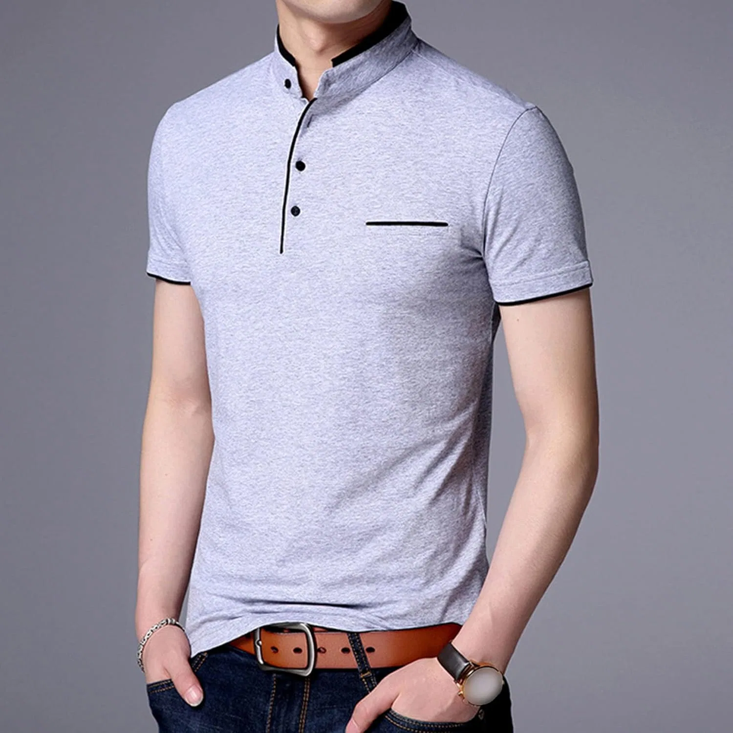 Мужская футболка классическая без воротника Slim Fit, Grey — фото 3