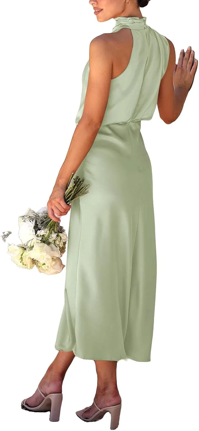 Женское сатиновое платье макси с запахом Satin Dress, Light Green — фото 2