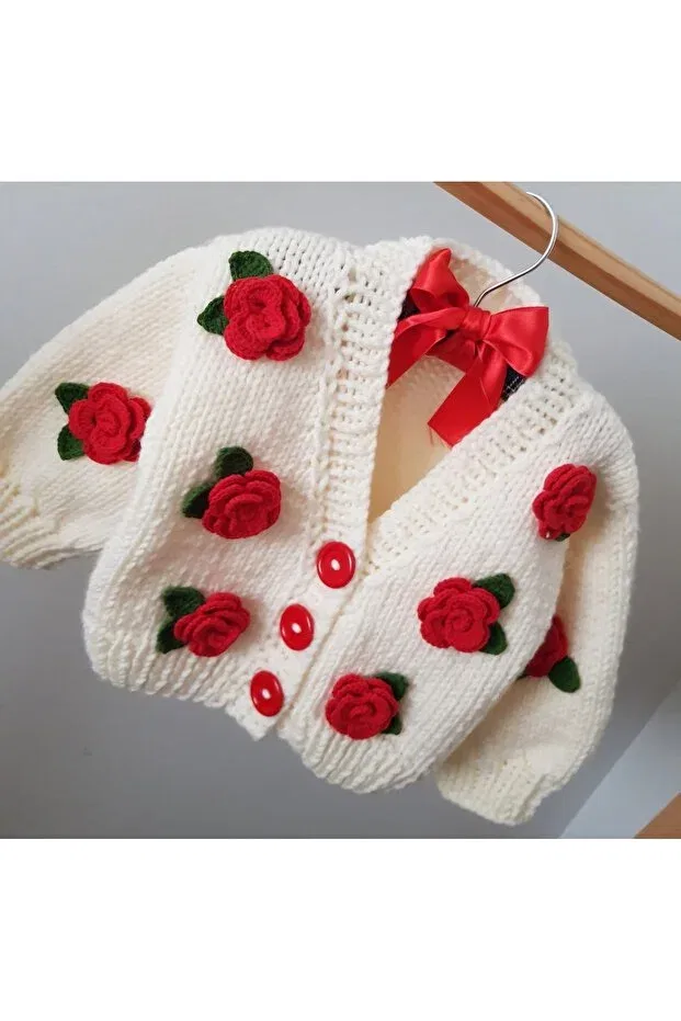 Детский кардиган с длинным рукавом Rose Detailed Hand Knitted Children's Cardigan El Örgüsü, White — фото 2