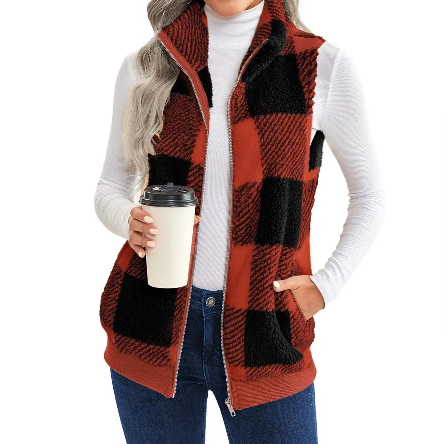 Женский жилет без рукавов с принтом Fluffy Warm Casual Women Fur Plaid Sherpa Jacket Autumn Winter, Arancia — фото 2