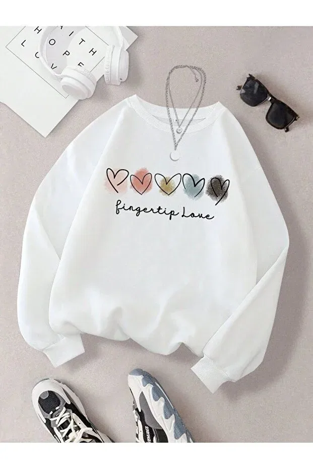 Детские свитшот для девочек с принтом Five Hearts Kids, White
