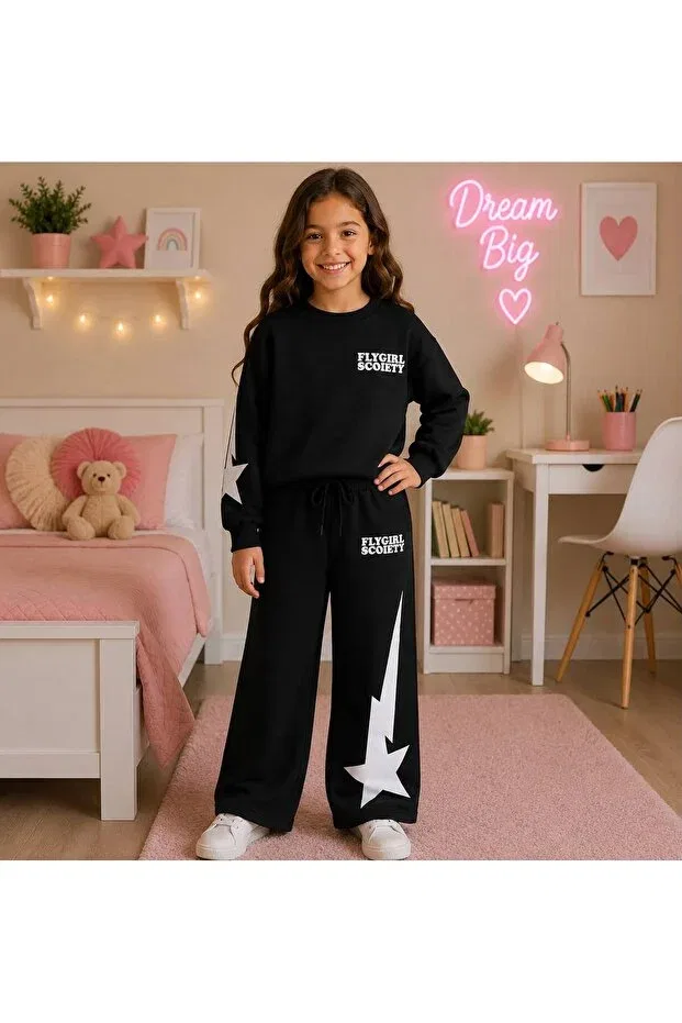Детский комплект из футера для девочек хлопковый Star Patterned Fil Kids, Black
