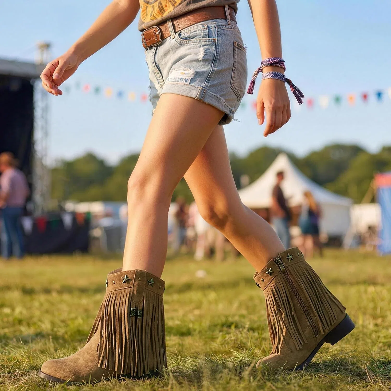 Детские сапоги для девочек с принтом Choiran Fringe Cowgirl Boots, Tan — фото 2