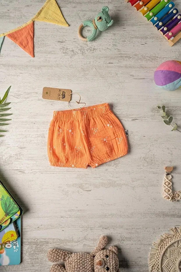 Детские шорты для девочек и мальчиков хлопковые Organic Cotton Muslin Pastel Color Printed Baby Shorts Be'Calm, Orange