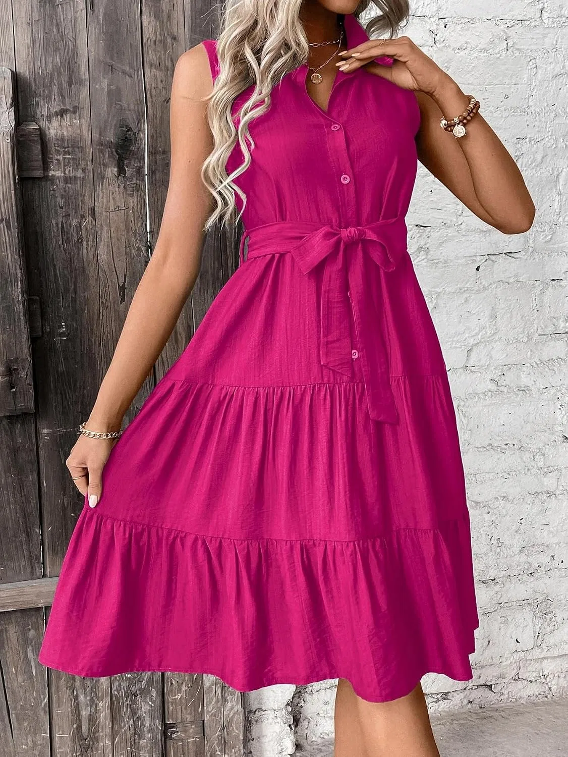Женское повседневное платье с воланами и поясом, Hot Pink — фото 4