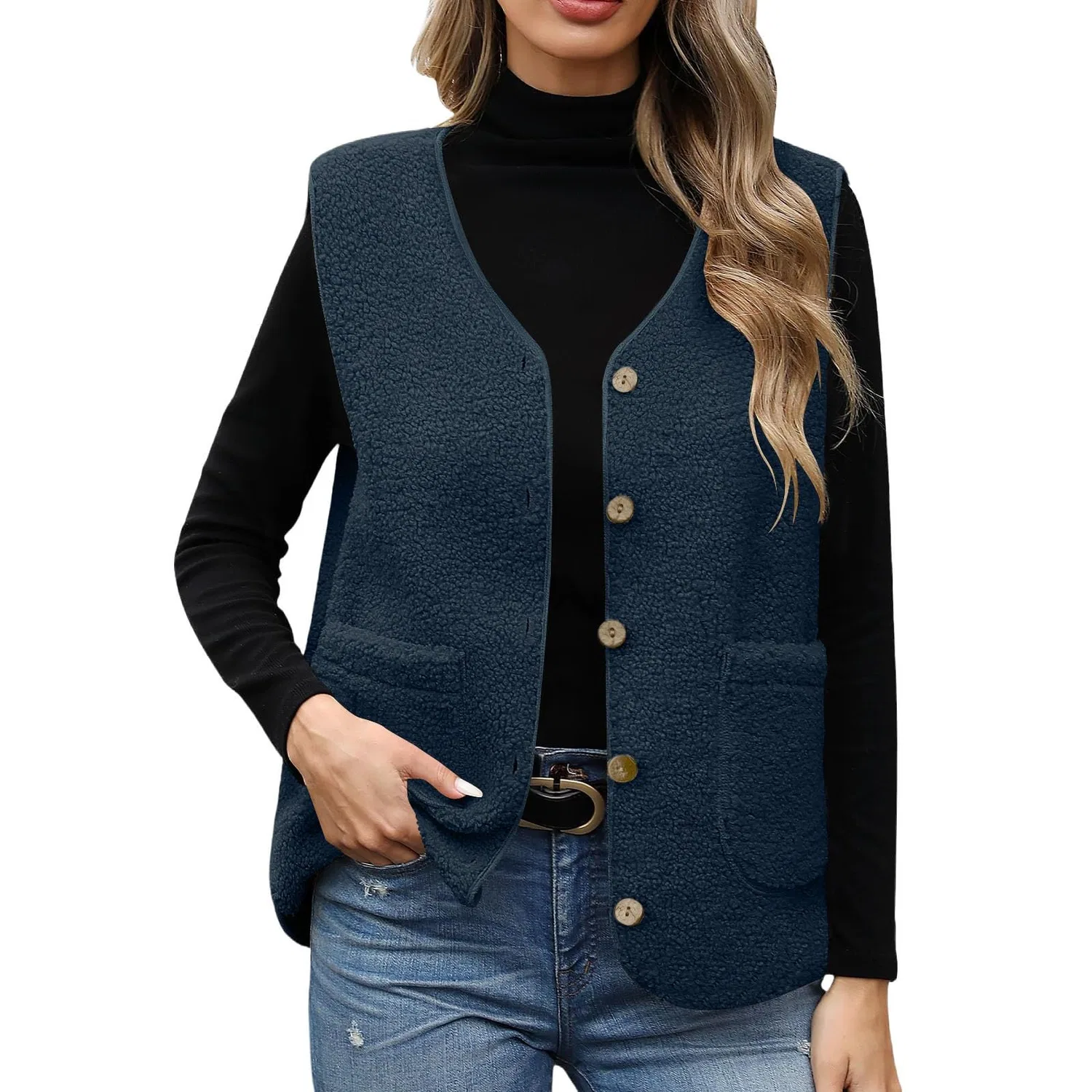 Женский утепленный жилет без рукавов с принтом Fuzzy Teddy Fleece, 02 blu marino — фото 2