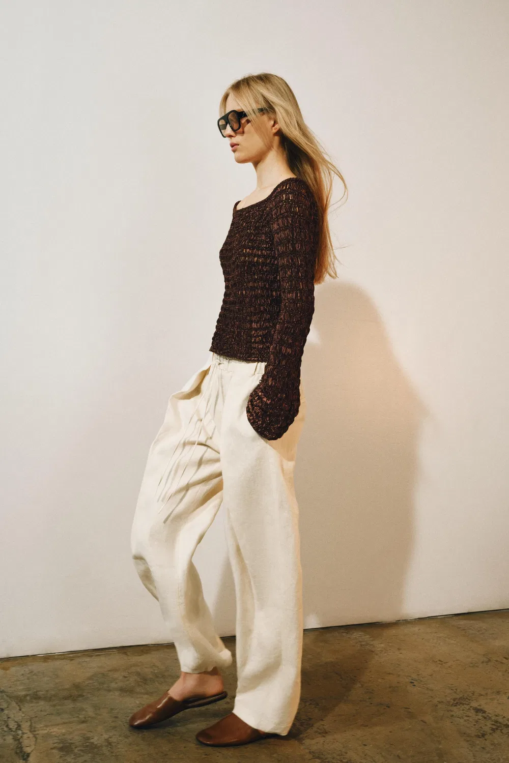 Вязаный джемпер с вырезом-лодочкой ZARA, Brown — фото 2
